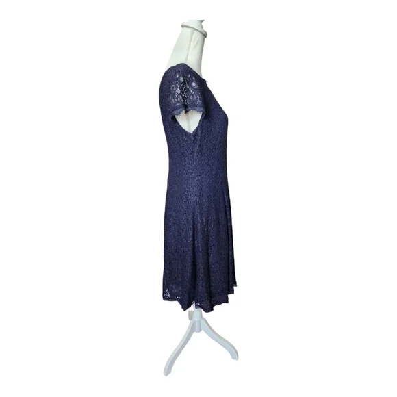 Adrianna Papell Cap Sleeve Full Lace Flared Cocktail Dress Navy Blue, Size 10 - Picture 4 of 11